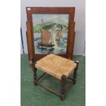Art Deco Oak Fire Screen with grospoint tapestry yachts in bay & Woven String Footstool on