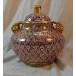 Thailand Porcelain Ovoid Globular Bowl with gilt scroll handles & domed cover decorated with