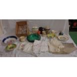 Moulded Drinking Glasses, sherry barrel, Devon ware shaving mug, small tray cloths, doilies etc. (