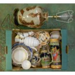 Crackle Glazed Table Lamp, small coffee pot, coffee cans & saucers, steins, plates etc. (1 Box)