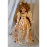 Modern Tall Standing Doll wearing lace trimmed dress, curly ginger hair, approx. 22" H