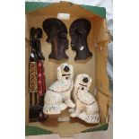 2 Staffordshire Reproduction Cocker Spaniels, Pair African Hardwood Wall Masks & Pair Stylised