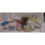 2 C19th Tazzas & Matching Dessert Plate, pottery vases, Pyrex dishes, brass door handles, crumb pot,