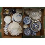 Blue & White Willow Pattern China inc. teapot, bowls, silver plated cake stand, retro