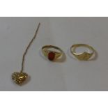 9ct Gold Childs Ring set red stone, 9ct Gold Heart Shaped Ring & Heart Shaped Drop (3)