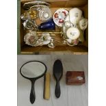 Dressing Table Set, Limoges porcelain trinket box, cabinet cup & saucer, Ebony Hand Mirror,