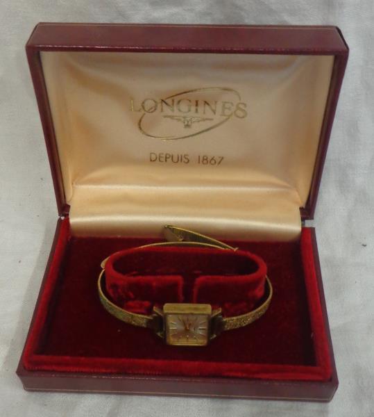 Ladies Rolled Gold Longines Wristwatch, engraved strap, square silvered dial, with original box - Image 2 of 2