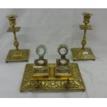 Pair Late Victorian Brass Desk Candlesticks on square bases raised on small bracket supports, turned