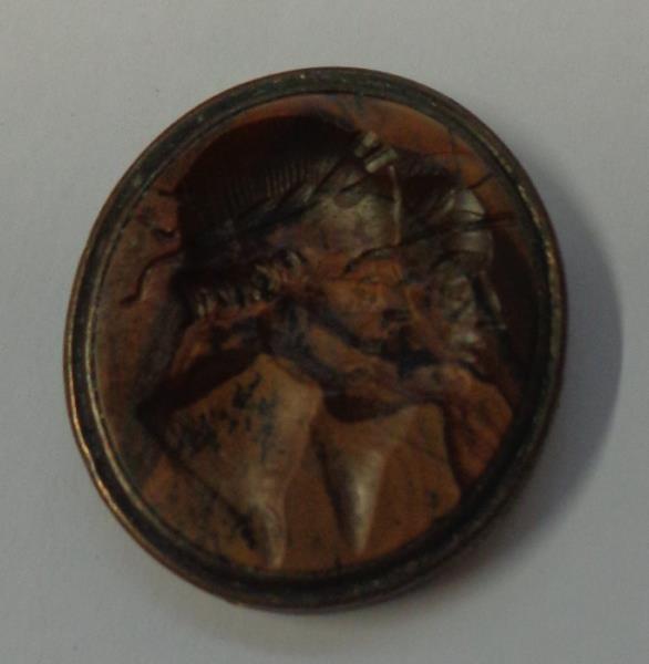 Antique Agate Itaglio Oval with brass mount, 2 Roman style busts wearing laurel wreaths, approx.