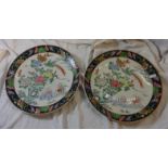 Pair Chinese Wall Plates with famille vert enamels decorated with ho ho birds & flowers, black