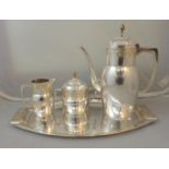 4 Piece Orivit Silver Plated Art Nouveau Coffee Set with oval tray embossed with fruit & flowers,