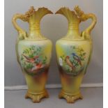 Pair Victorian Pitcher Style Vases with handles, sculptured as dragons decorated with exotic