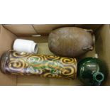 African Cylindrical Drum, green lustre pottery vase, marmalade pot & earthenware vase with zig-zag