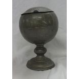 Pewter Globe Tobacco? Jar with hinged cover, countries marked with Chinese symbols, approx. 6" H