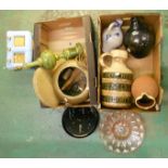 Retro Pottery Vases, Bottles, Pink Glass Fruit Dish, blue retro radio, green onyx table lamp,