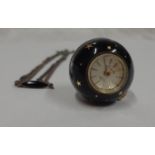 Ladies Black & Gilt Enamelled Ball Watch on white metal & black enamelled chain with Nivea movement,