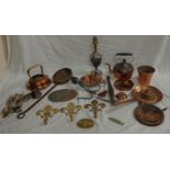 Copper Kettle, chestnut warmer, chamber stick, wall mounted imitation crossbow, cutlery etc. (1 Box)