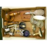 Treen Candlesticks, bookstand, silver plated hair brush, clothes brush & mirror, wine goblets