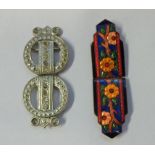 2 Art Deco Buckle Clips for belts, 1 enamelled with blossom decoration & 1 circular inset paste (2)