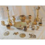 Pair Brass Tricorn Table Lamps, small brass ornaments, rose bowl etc. (1 Box)