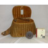 Early C20th Woven Fishing Creel with leather & canvas carrying strap & Hardy Spool Viscount LA MKIII