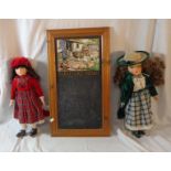 Porcelain Headed Doll wearing Scottish tartan skirt with hat, Similar Doll wearing green checked