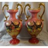 Pair 2 Handled Puce Vases decorated with birds & gilding, approx. 18" H