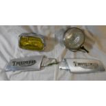 Pair Chrome Triumph Motorcycle Tank Name Plates & 2 Chromed 50's/60's Fog Lights (4)