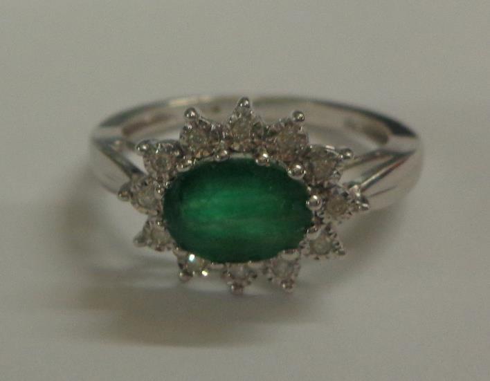9ct White Gold Emerald Cluster Ring set diamond surround, size O