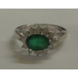 9ct White Gold Emerald Cluster Ring set diamond surround, size O