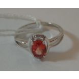 9ct White Gold Ring set Mexican fire opal with diamond points, size N