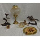 Resin Figure Jockey, Art Deco Style Lady holding circular dish, oil lamp converted to electrolier