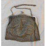 Early C20th Silver Plate & Chain Mail Ladies Evening Bag with blue glass set clasp