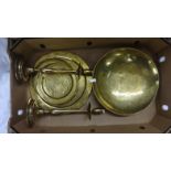 Asian Brass Platters, dish & pair tall bronze candlesticks on circular bases with drip pans (1 Box)