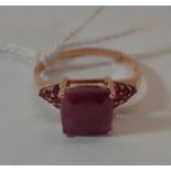 9ct Rose Gold Ring with square cut ruby & ruby set shoulders, size P