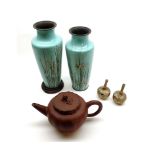 A Chinese Red Pottery Teapot, the lid with a Kaolin finial; a further pair of damaged Enamelled