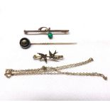 A Mixed Lot comprising: a small yellow metal Bar Brooch, mounted with two Seed Pearl set swallows,