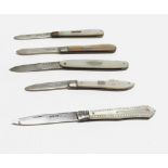 A group of five Victorian and later Silver Bladed Fruit Knives with mother-of-pearl cases, the