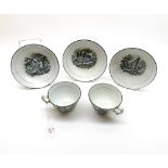 Two 19th Century pearl-ware cups and three saucers all decorated with various rural scenes,