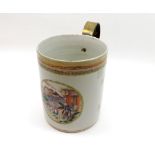 A Chinese Export Tankard applied with a brass handle, the body painted in colours with Chinese river