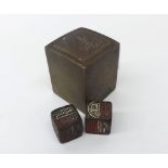 An Oriental Bronze or Brass Dice Container with slotted pull-out cover of plain square form, inset