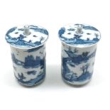 A pair of small Chinese Blue and White Covered Jars of cylindrical form, decorated with stylised