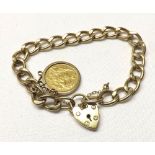 Hallmarked 9ct Gold curb-link bracelet with padlock, also suspending a Victorian Gold Half Sovereign
