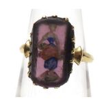 Unmarked yellow metal ring, purple stone panel painted with an image of a young lady, panel size