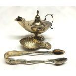 A Mixed Lot comprising: a small hallmarked Silver “Aladdin Lamp”, Table Cigar Light, 4” long,