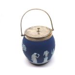 A Wedgwood Blue Jasper Biscuit Barrel with Silver Plated looped handle, rim and cover, 5 ½” high