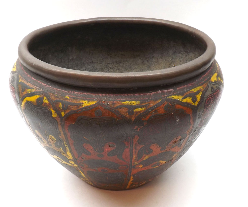 An Oriental Tin Bowl of tapering circular form, the outer body decorated in coloured enamels with