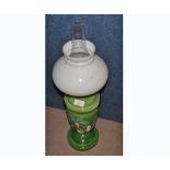 A 19th Century Oil Lamp with clear glass chimney, opaque glass shade and green glass font and