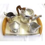 A mid-20th Century Picquot Ware Polished Aluminium Four-Piece Tea Set with matching Tray (5)