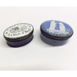 Two Bilston type Enamelled Snuff Boxes, one oval shaped in blue enamel, the lid inscribed “A Found